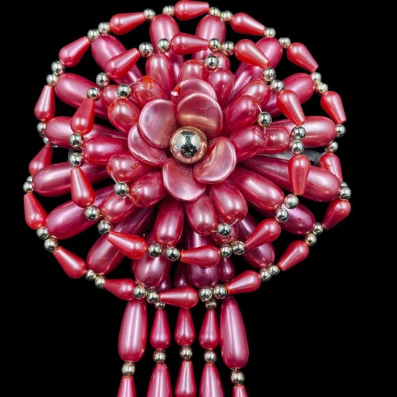 Handmade Beaded Hair Clip Pink Flower Statement Barrette Festival Boho Jewelry - Picture 2 of 6